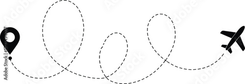 Airplane flight path with location pin, travel route, aviation navigation, journey planning, scenic trajectory, vector illustration, black silhouette icon