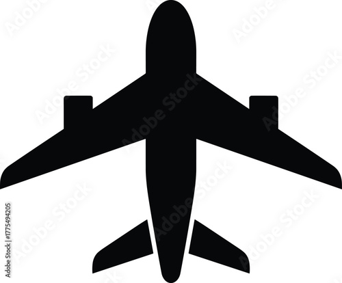 Airplane silhouette, black aircraft icon, aviation travel symbol, commercial jet design, transportation graphic, airline industry illustration, flight concept, vector plane