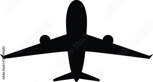 Airplane silhouette, black aircraft icon, aviation travel symbol, commercial jet design, transportation graphic, airline industry illustration, passenger flight concept, vector plane