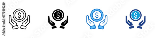Financial Care Multiple Style Icon Design Vector - Hands holding coin symbolizing financial support, investment, and responsibility