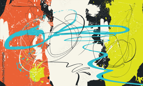 bright paint strokes, Colorful painterly splashes yellow, orange, black and white layered with dripping streaks, bold scribbles and chipped paint details, creating an graffiti inspired grunge, Tees