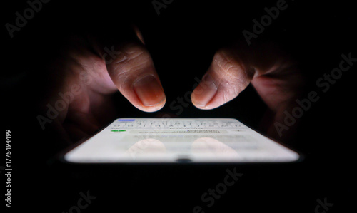 Canvastavla Night, cybersecurity and hands typing with phone for texting, internet troll or person cyberbullying