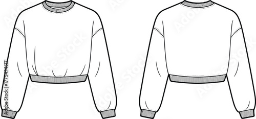 Cropped crewneck sweatshirt front and back view, long sleeve pullover, unisex casual fashion apparel, blank clothing template, ribbed cuffs waistband design