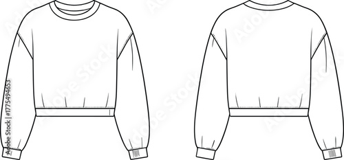 Cropped sweatshirt, fashion sketch, technical illustration, crew neckline, ribbed cuffs, dropped shoulders, garment design, apparel template, front back view, seams