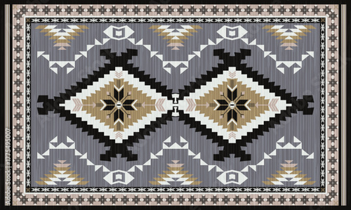 Navajo two grey hills rug pattern native intricate geometric vector.Carpet natural wool colors of gray,brown,white,Black traditional southwestern tribal illustration.For background,fabric,decoration.