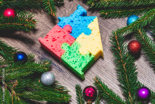 house, spruce branches,christmas background