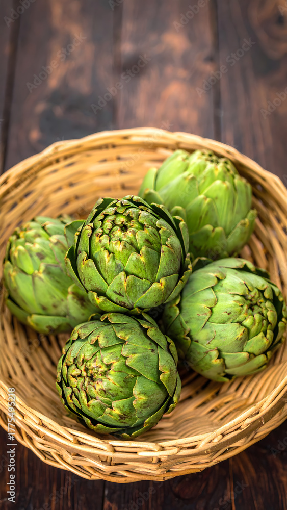 Fototapeta premium Organic Globe Artichokes in Natural Bowl Rustic Background 