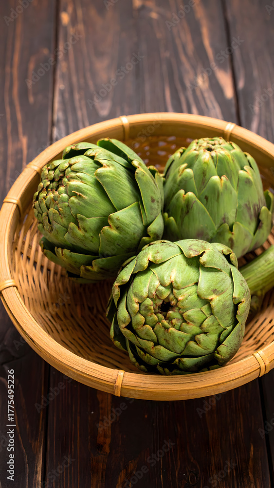 Fototapeta premium Fresh Green Artichokes in Bamboo Bowl on Wooden Table 