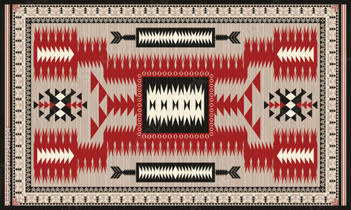 Navajo storm pattern rug style vector.Sacred mountain symbolism with central rectangular motif connecting four corners.Representing weather,lightning.Carpet southwestern tribal geometric illustration.