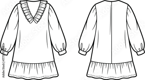 Elegant long sleeve dress front and back view, V neck ruffle collar, puffed sleeves with cuffs, gathered ruffle hem, fashion template