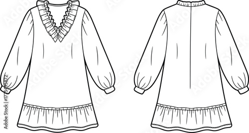 Elegant long sleeve dress front and back view, V neck ruffle trim, puffed sleeves, gathered ruffle hem, fashion apparel design template
