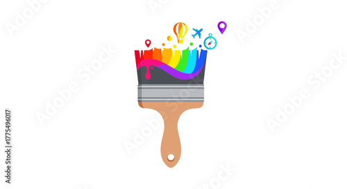 Colorful paintbrush with rainbow bristles and creative icons representing ideas and concepts.