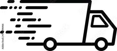 Fast delivery truck icon, express shipping symbol, logistics transport, courier service, speed motion graphic, black outline vector, cargo vehicle illustration