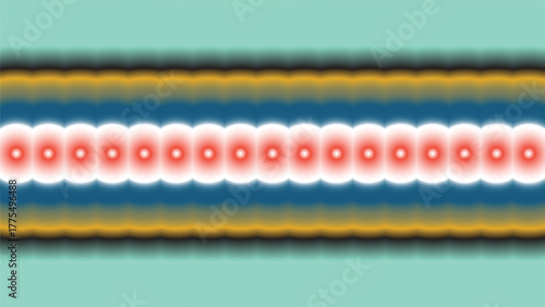 Abstract Geometric Pattern with Vibrant Horizontal Stripes Background. Retro Colorful Optical Illusion Design, Red Circles, Blue Yellow Lines on Teal Background Texture. Blurry gradient wallpaper.