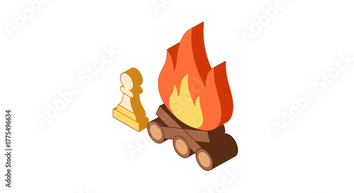 Isometric Chess Pawn Next to Campfire Illustration.