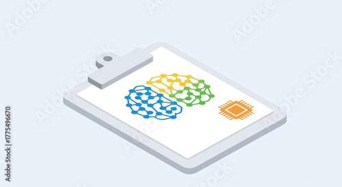Isometric Clipboard Illustrating the Connection Between Brain and Microchip.