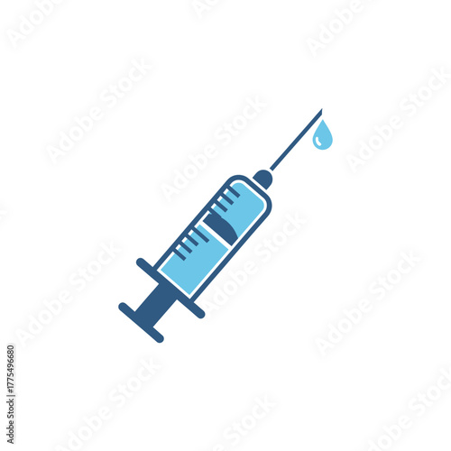 Syringe injecting medicine with a droplet at the tip, used in a hospital setting for vaccination and treatment, conveying a sense of healthcare and prevention.