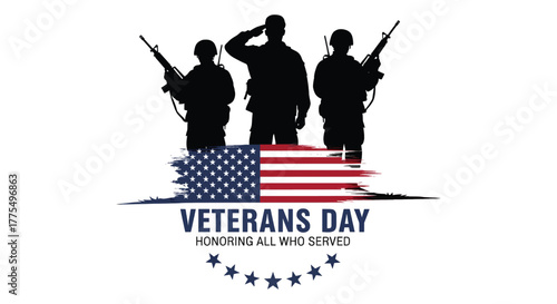 Silhouette soldiers with American flag veterans day vector statue of liberty with flag