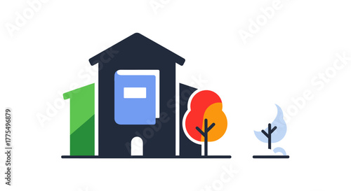 School Building with Book Symbol and Autumn Trees Illustration.