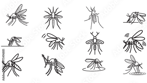 Mosquito Line Art Stroke Icon Set With Diverse Poses, Minimal Outline Vector For Health Education And Vector-Borne Awareness