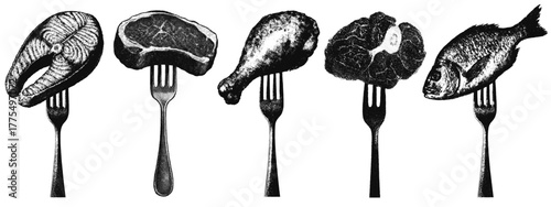 Food on forks, retro xerography halftone engraving black and white surreal culinary art isolated on transparent background
