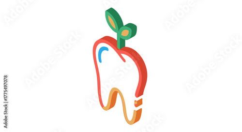 Stylized Tooth Icon Resembling an Apple with a Leaf.