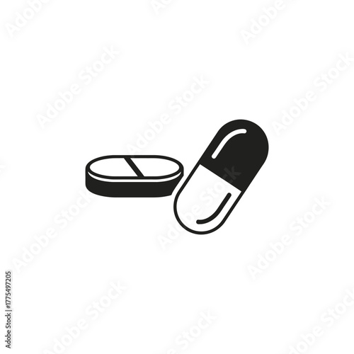 Pills and capsule represent medication for treatment and healthcare on white surface, symbolizing health and wellness.