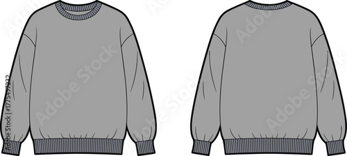 Gray sweatshirt front and back view, long sleeve crewneck pullover, unisex casual fashion apparel, blank clothing template, ribbed cuffs hem