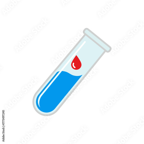 Blood sample in test tube shows a single red drop falling into blue liquid for medical analysis in laboratory, indicating potential diagnosis.