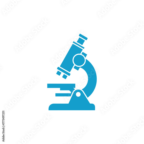 Blue microscope conducting scientific research in laboratory, representing exploration and discovery in a clean and modern style.