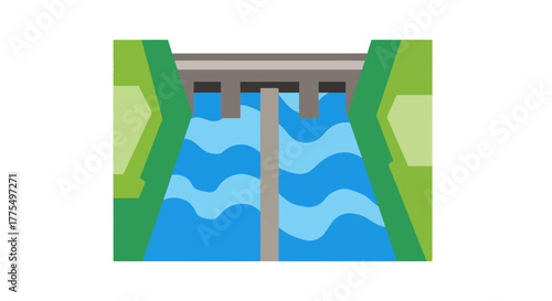 Water dam illustration with flowing water and green landscape.