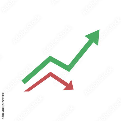 Green arrow pointing upwards and red arrow pointing downwards symbolize fluctuating market trends on a white backdrop, representing financial volatility and economic shifts.