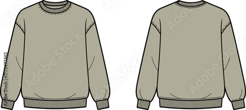 Light gray crewneck sweatshirt front and back view, long sleeve pullover, unisex casual fashion apparel, blank clothing template, ribbed cuffs hem design