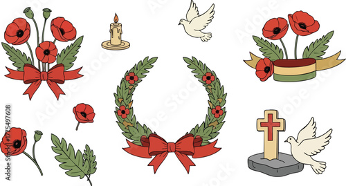 Hand drawn set of memorial symbols with poppies and doves.