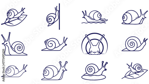 Snail Line Art Stroke Icons In Varied Poses, Spiral Shell Outline Vector Set For Garden, Nature And Education