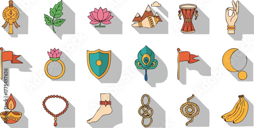 Collection of Indian cultural and religious icons with long shadows.