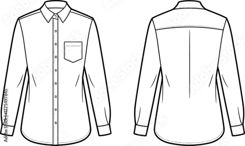 Long sleeve shirt, button-up shirt, fashion illustration, technical drawing, garment design, apparel template, front and back view, collar, cuffs