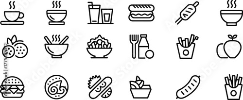 Modern Line Icons Set of Food and Drink, featuring Hot Beverages, Salads, Sandwiches, Burgers, and Snacks for Web, Mobile, and UI Design