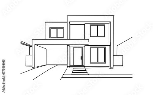 Modern architectural sketches of a two-story contemporary residence showcasing clean lines and geometric forms.