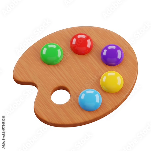 Wooden artist palette with colorful paint blobs isolated on transparent background