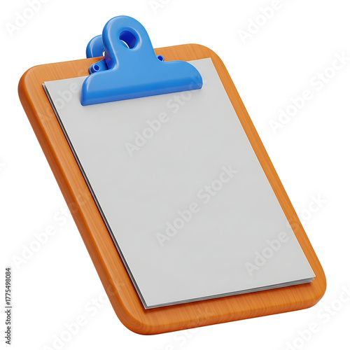 Clipboard with blue clip and blank paper isolated on transparent background