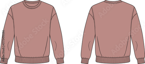 Pink dropped shoulder crewneck sweatshirt flat sketch, front and back technical fashion illustration template, comfortable casual apparel vector for garment production