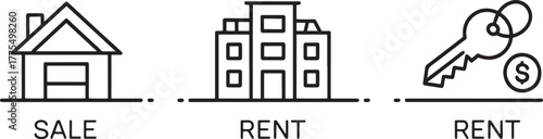 House for Sale and Apartment for Rent Icon Set | Real Estate Housing Symbol Illustration for Property Marketing, Website Graphics, and Financial Presentations