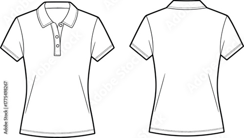 Short sleeve polo shirt technical flat sketch, fashion apparel design template, front and back view, clothing illustration, garment manufacturing reference