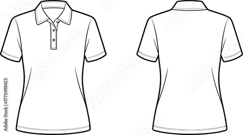 Women short sleeve polo shirt flat sketch, fashion apparel design template, front and back technical drawing, clothing illustration, garment manufacturing reference, vector
