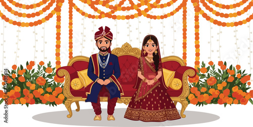 Illustration of a traditionally dressed couple sitting on a decorated couch.