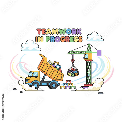Colorful construction site Teamwork in progress with toy vehicles