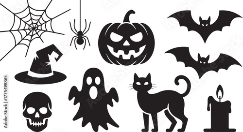 A collection of black Halloween silhouette icons for design.