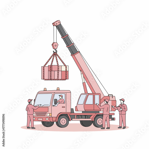 Crane Truck Lifting Heavy Cargo with Team Workers
