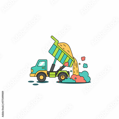 Colorful construction dump truck emptying a load of sand